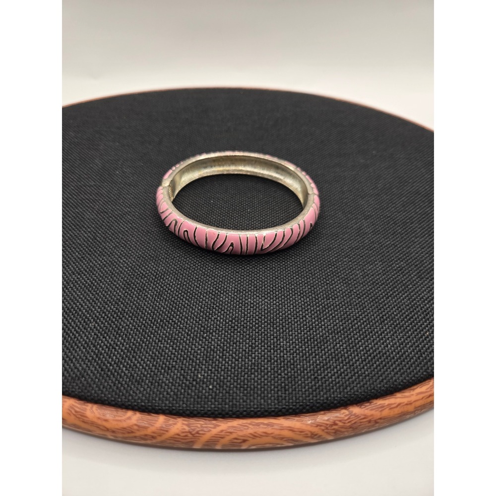 Pink Enamel Zebra Print Hinge Bangle Bracelet Silver Tone Animal Pattern 6 Inch